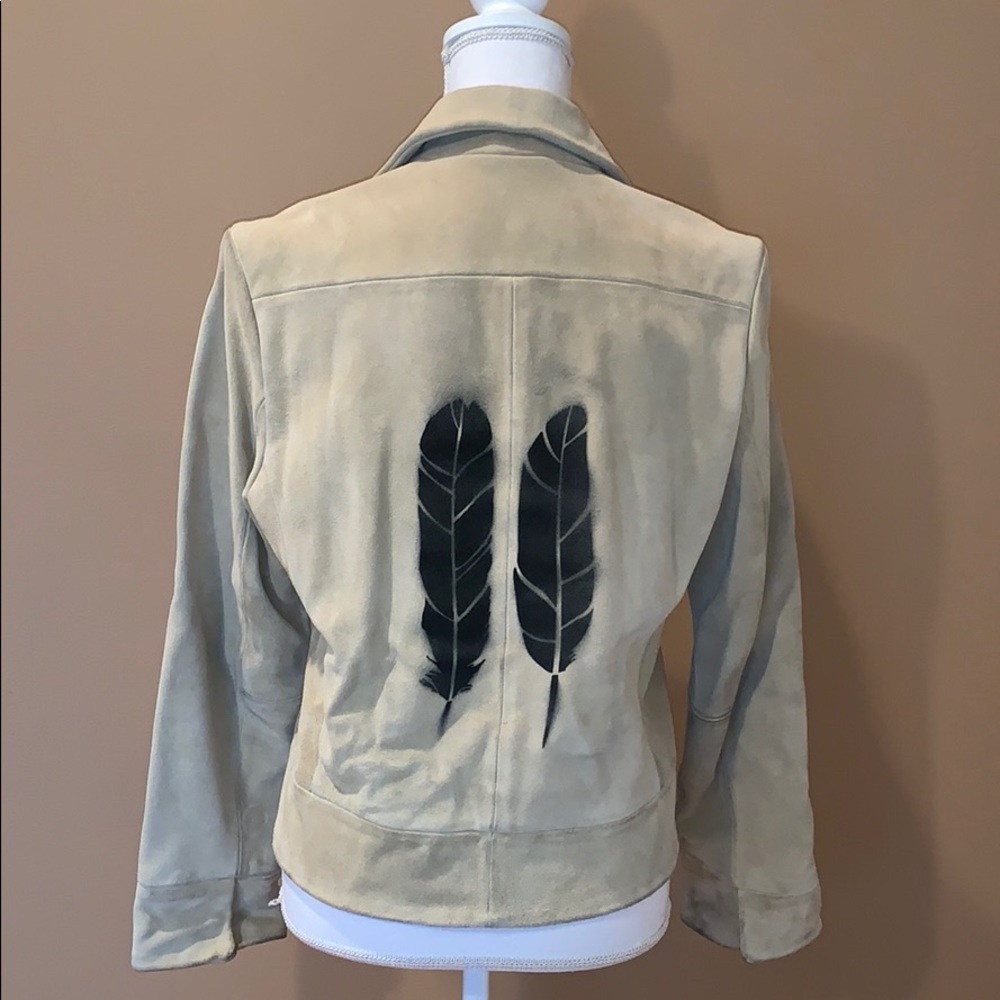 BANANA REPUBLIC Suede Bomber MotoJacket Tan Small Hand Painted